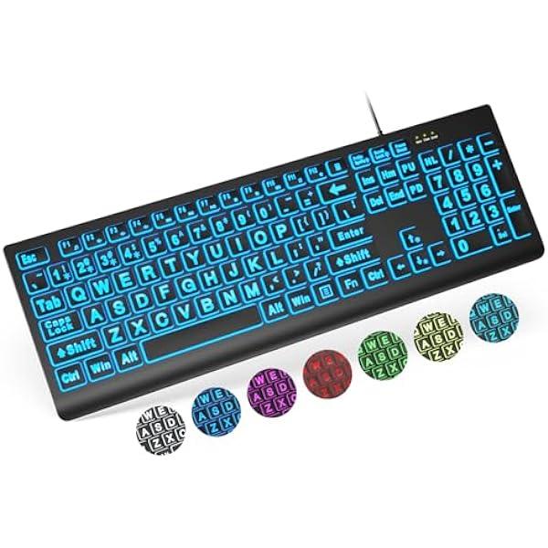 Large Print Backlit Keyboard, Wired USB Lighted Computer Keyboards with ...